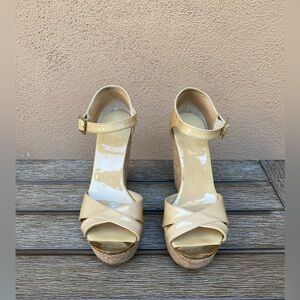 Jimmy Choo Nude Patent Leather Cork Wedge Sandals